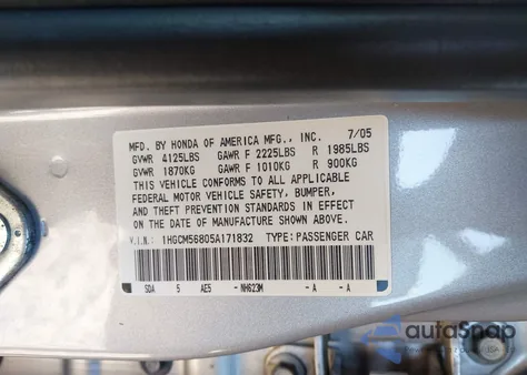 2005 Honda Accord 2.4 Ex z USA, uszkodzony, nr VIN 1HGCM56805A171832